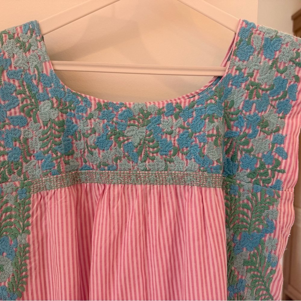 Pink Striped Mini Dress with Blue & Green Embroidery- size XS